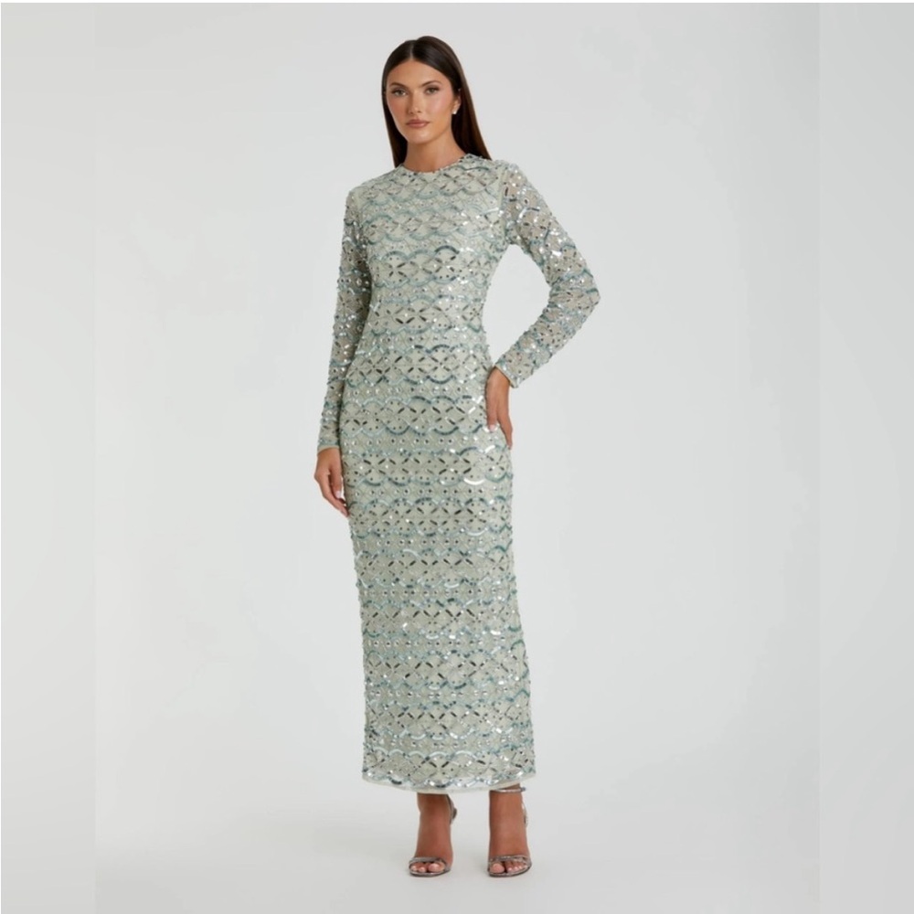 Mac Duggal 94194 Jade Green High Neck Long Sleeve Embellished Dress Sz 8